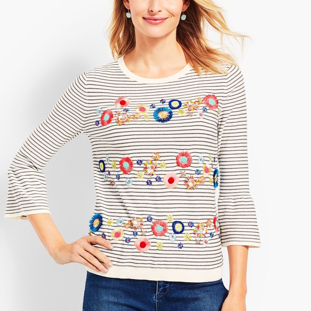 Talbots Floral Row White Embellished Sweater Small